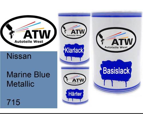Nissan, Marine Blue Metallic, 715: 500ml Lackdose + 500ml Klarlack + 250ml Härter - Set, von ATW Autoteile West.